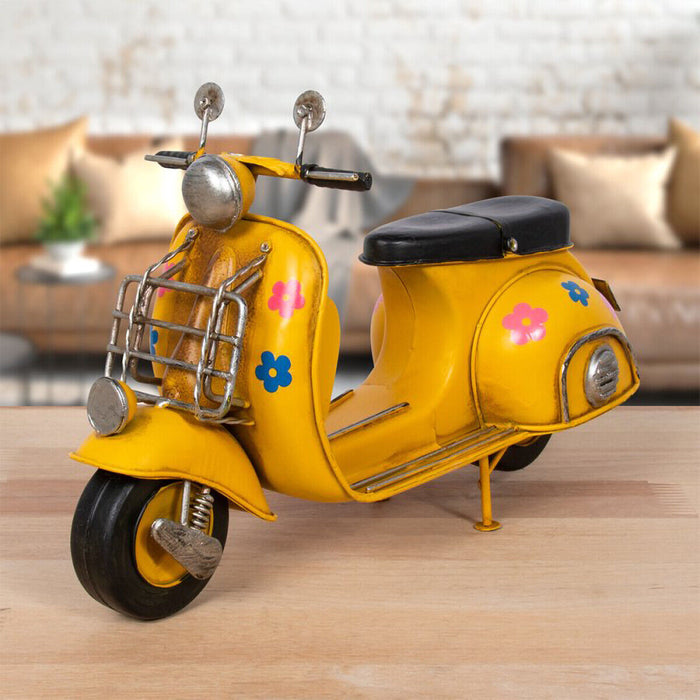 Vintage Style Scooter Self Ornament Metal Retro Yellow Vespa With Flower Design