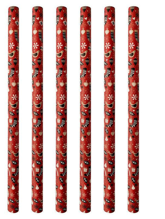 Red Christmas Wrapping Paper 6 Rolls 12m Of Stocking & Presents Design Gift Wrap