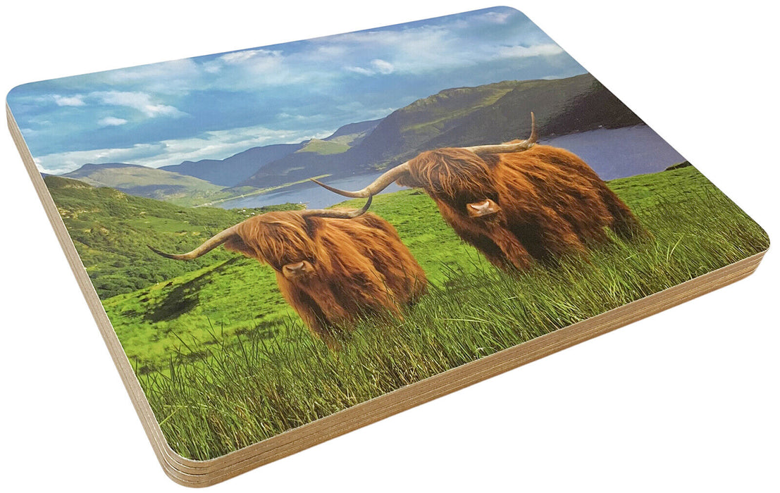 Set Of 4 Cork Back Placemats Highland Cow Design Non Slip Rectangle Table Mats