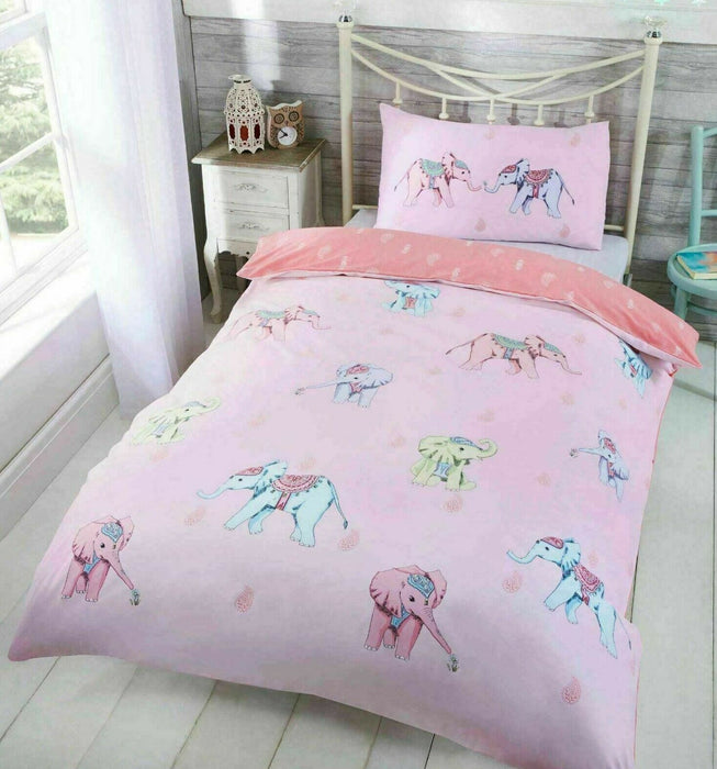 Pink Bedding Set Elephant Print Single Bed Childrens Duvet & Pillowcase Set