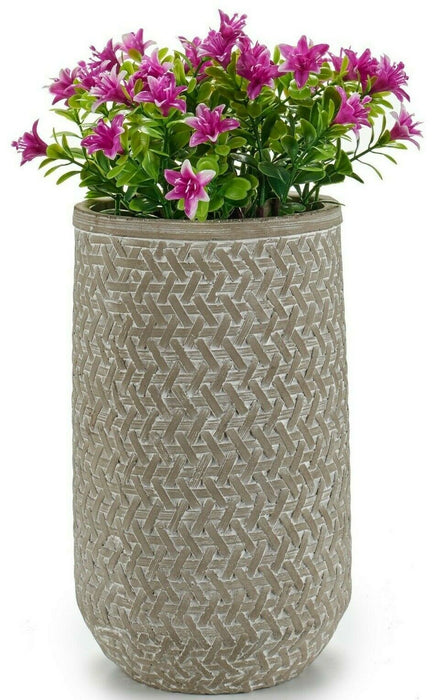 25cm Grey Cylinder Vase Cement Distressed Rattan Design Decorative Flower Vase