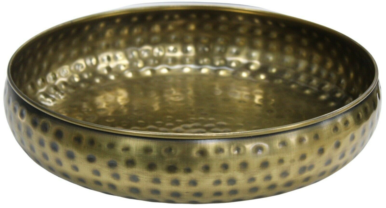 Large 30cm Round Antique Gold Serving Tray Stainless Steel Deep Tray Hammered