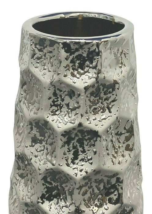 Ceramic Silver LARGE Flower Vase 40cm Tall Striped & Dimpled Design Decor Vase