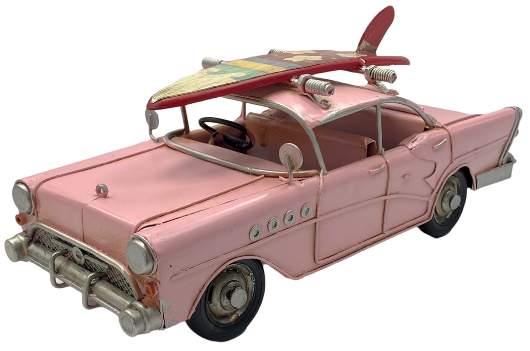 Pink Vintage Car With Surf Board Metal Retro Style Model Surf Car Shelf Ornament