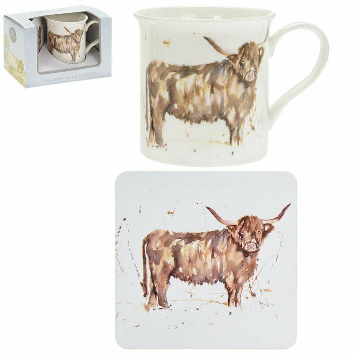 Set Of 4 Leonardo Fine China Large Mugs & Coaster Gift Set Country Bull Theme