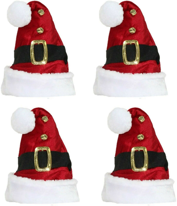 Christmas Santa Hat Set of 4 Adult Unisex Red Velvet White Fur Pompom Jingle Bel