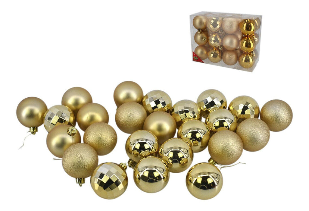 24 Pack Large Shatterproof Baubles, Gold, | 6cm (2.36") Outdoor/Indoor  Christmas Decorations | Shiny Matte & Glitter