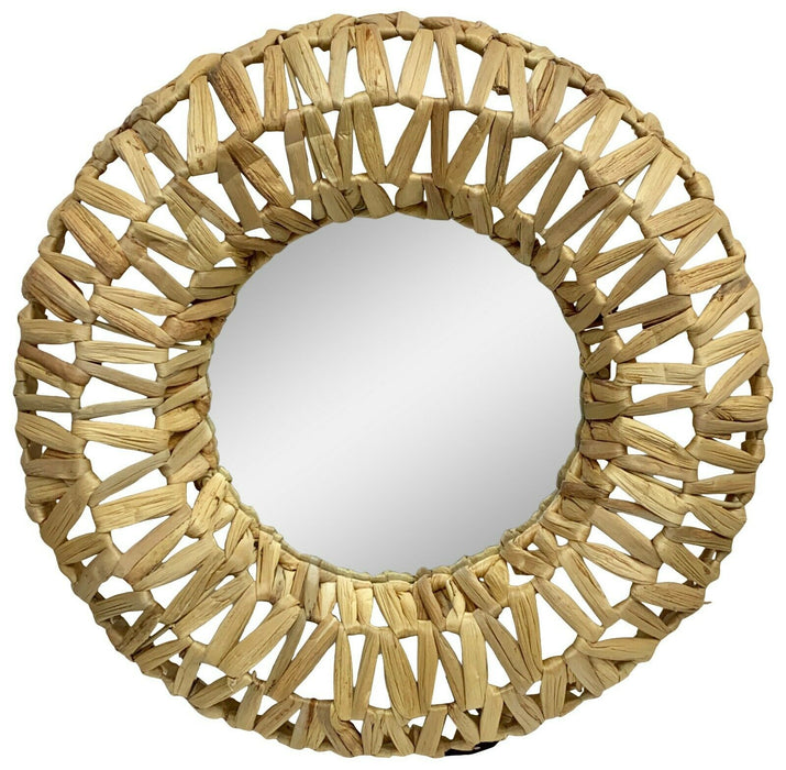 46cm Large Round Wall Hanging Mirror with Natural Wood Frame Woven Design