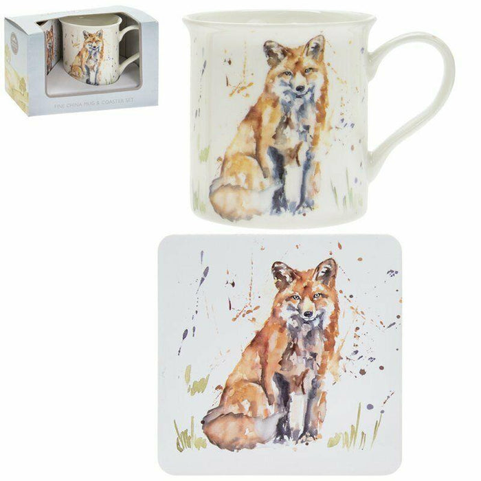 Set Of 4 Leonardo Fine China Large Mugs & Coaster Gift Set Country Fox Theme