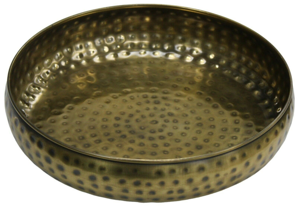 Large 30cm Round Antique Gold Serving Tray Stainless Steel Deep Tray Hammered
