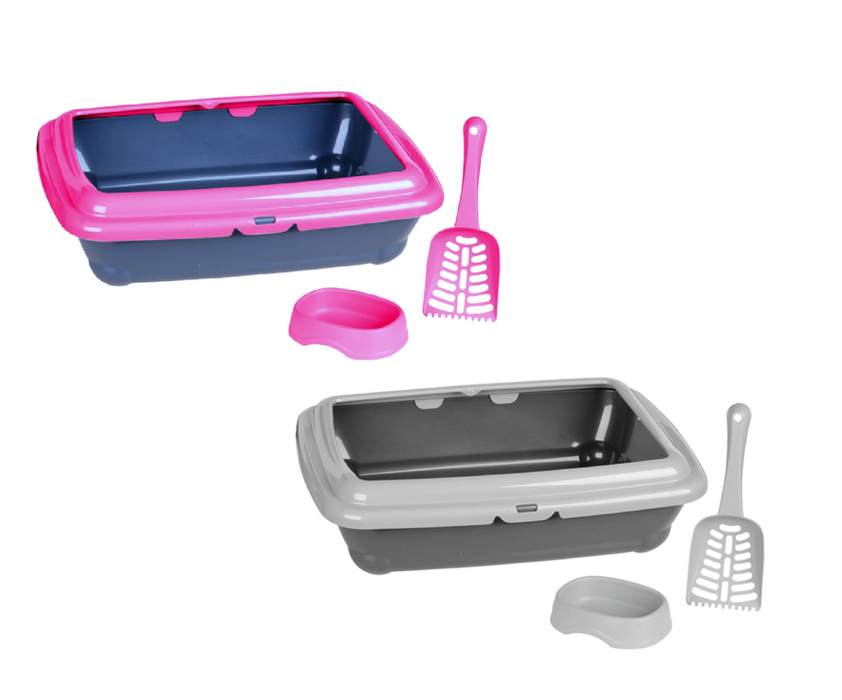 Cat Litter Tray With Scoop And Feeding Bowl Large Cats & Kittens With Rim 2 Tone