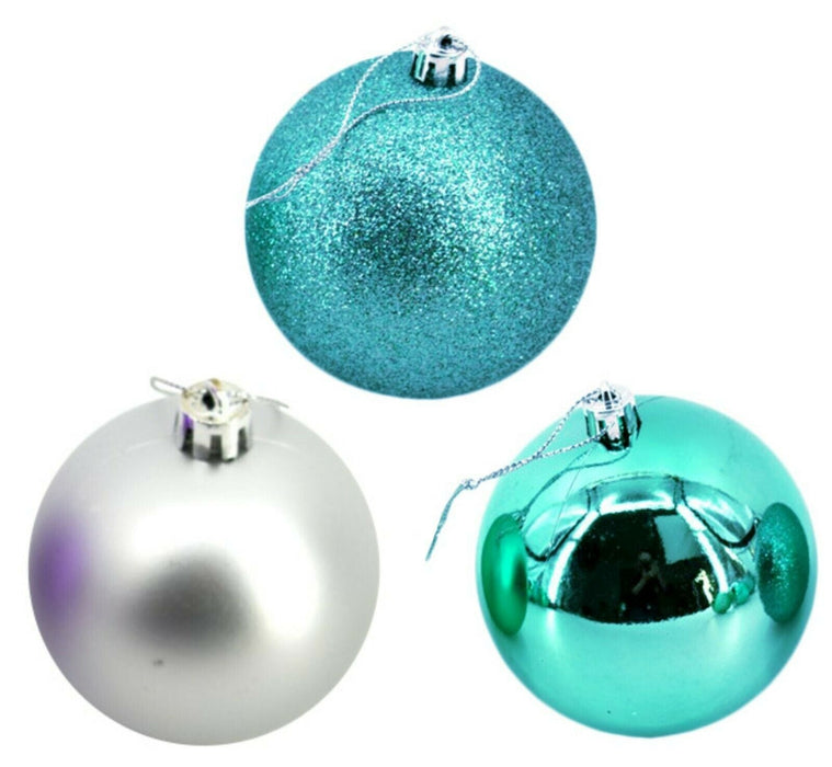 Pack of 36 Shatterproof Baubles, Turquoise & Silver | 6cm (2.36”) Outdoor / Indoor Christmas Decorations  | Shiny, Matte & Glitter
