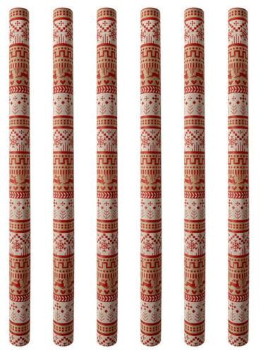 Christmas Wrapping Paper 6 Rolls 12m Of Festive Red White & Brown Gift Wrap